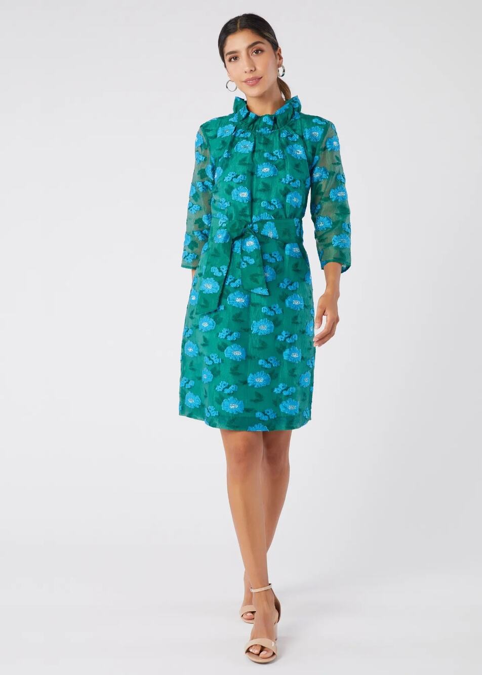Abbey Glass Claudine Dress in Green Organza with Blue Flowers size Large